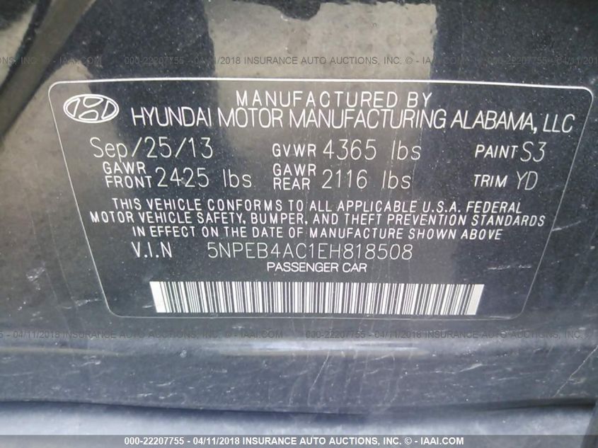 2014 HYUNDAI SONATA GLS 5NPEB4AC1EH818508