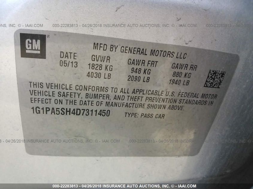 2013 CHEVROLET CRUZE LS 1G1PA5SH4D7311450