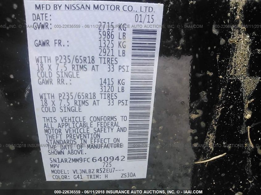2015 NISSAN PATHFINDER S 5N1AR2MM9FC640942