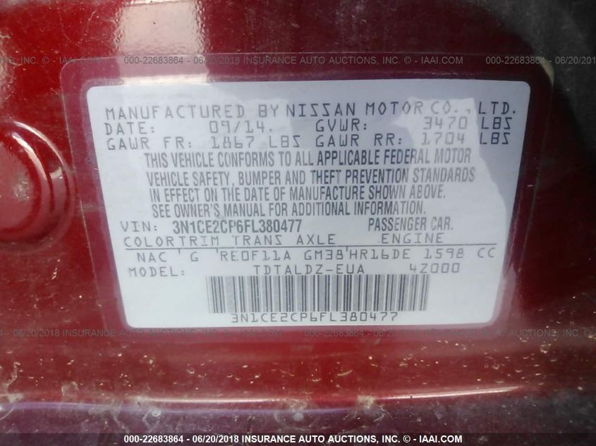 2015 NISSAN VERSA NOTE S/S PLUS/SV/SR/SL 3N1CE2CP6FL380477