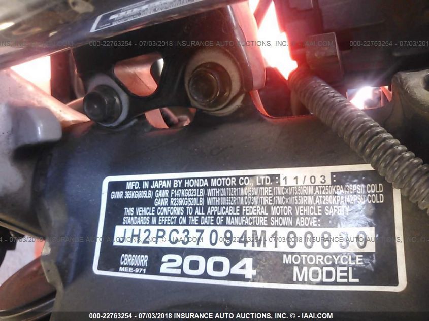 2004 HONDA CBR600 RR JH2PC37094M100830