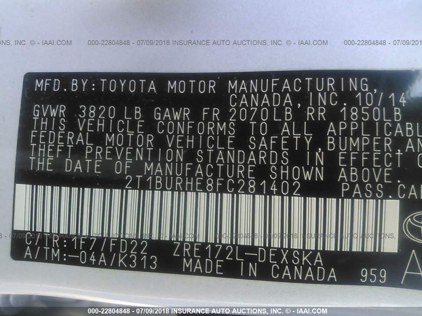 2015 TOYOTA COROLLA S PLUS/S PREMIUM/S/LE PLUS/LE PREMIUM/L/LE 2T1BURHE8FC281402
