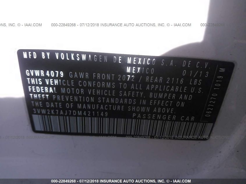 2013 VOLKSWAGEN JETTA 2.0L S 3VW2K7AJ7DM421149