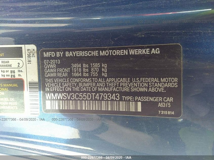 2013 MINI HARDTOP COOPER S WMWSV3C55DT479343