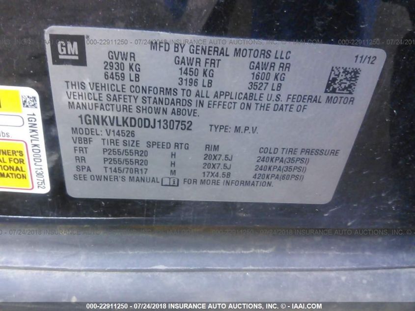 2013 CHEVROLET TRAVERSE LTZ 1GNKVLKD0DJ130752