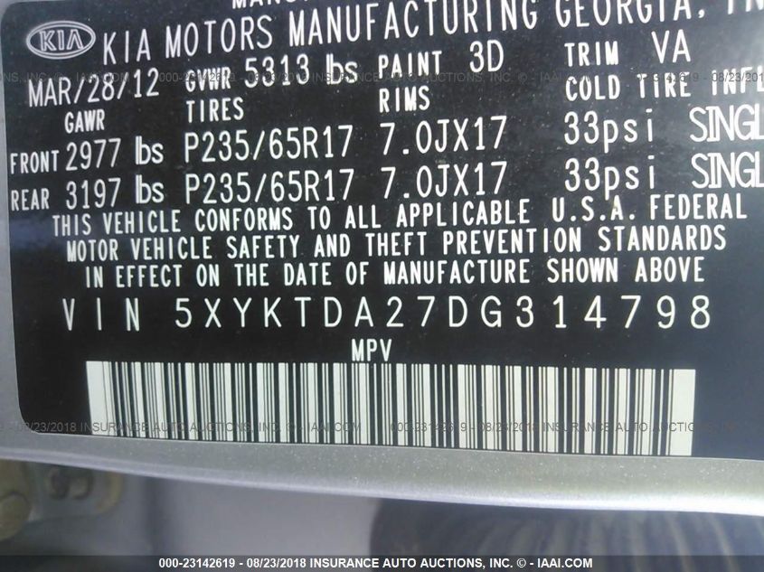 2013 KIA SORENTO LX 5XYKTDA27DG314798