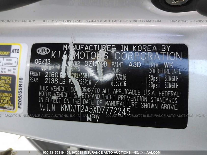 2013 KIA SOUL BASE KNDJT2A5XD7772245