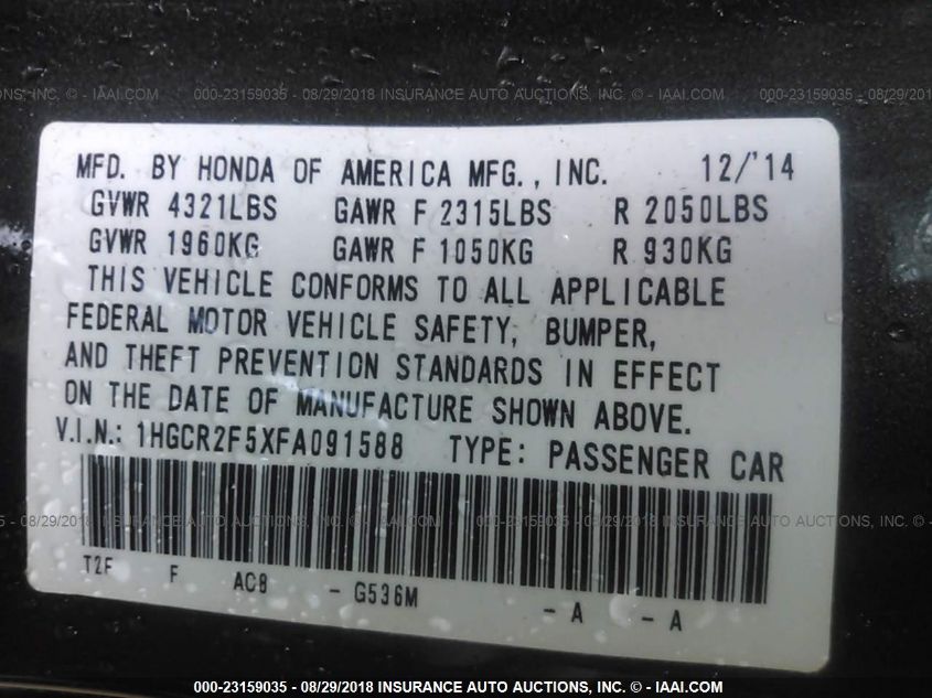 2015 HONDA ACCORD SEDAN SPORT 1HGCR2F5XFA091588