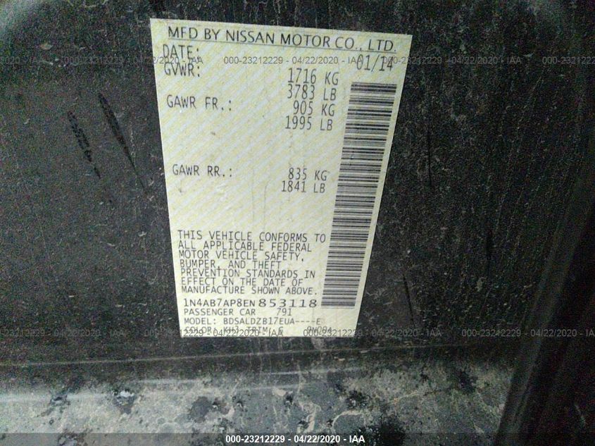 2014 NISSAN SENTRA S/SV/SR/SL 1N4AB7AP8EN853118