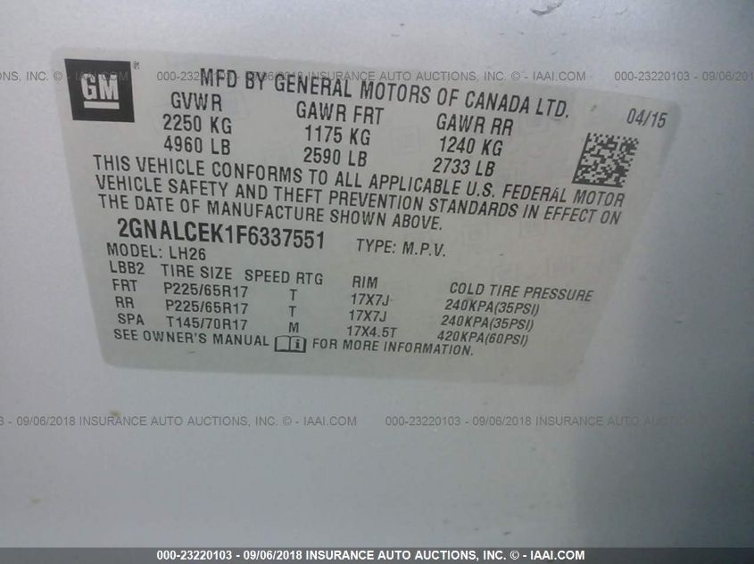 2015 CHEVROLET EQUINOX LT 2GNALCEK1F6337551