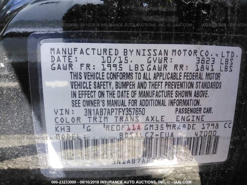 2015 NISSAN SENTRA S 3N1AB7AP7FY357650