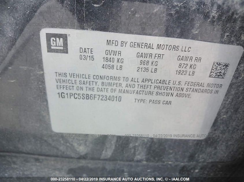 2015 CHEVROLET CRUZE LT 1G1PC5SB6F7234010