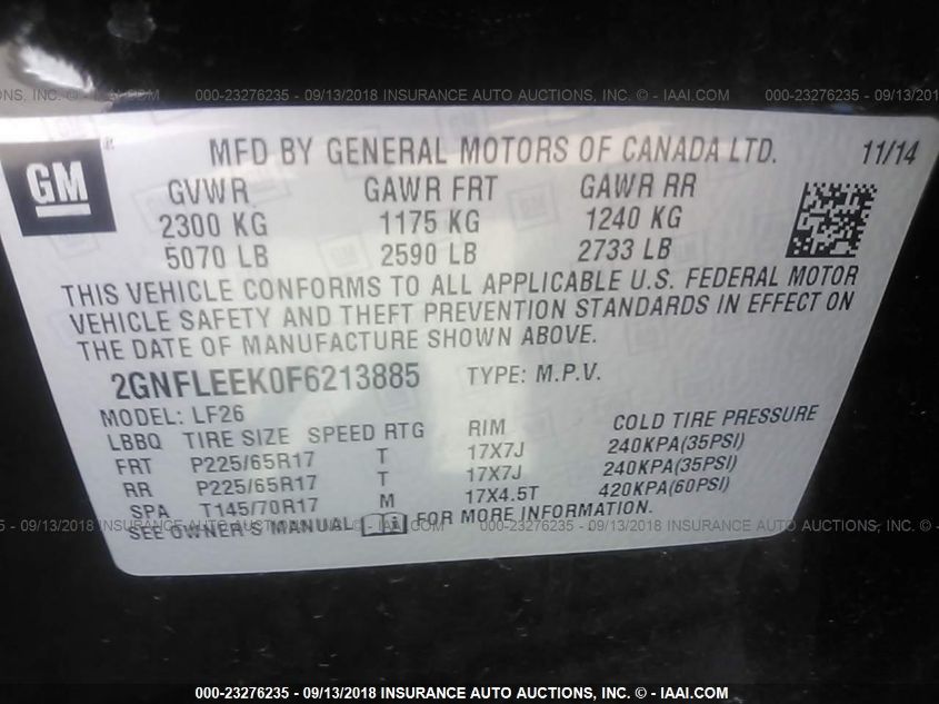 2015 CHEVROLET EQUINOX LS 2GNFLEEK0F6213885