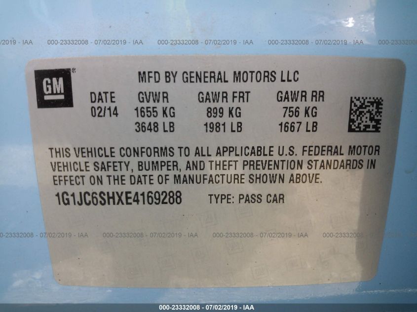 2014 CHEVROLET SONIC LT 1G1JC6SHXE4169288