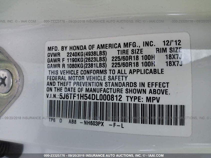 2013 HONDA CROSSTOUR EX-L 5J6TF1H54DL000812