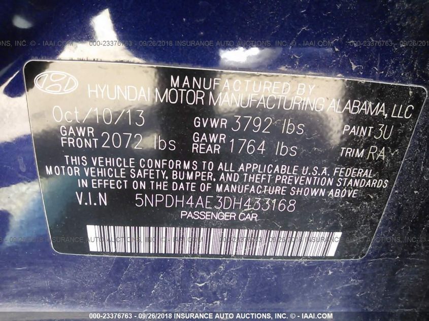2013 HYUNDAI ELANTRA GLS/LIMITED 5NPDH4AE3DH433168