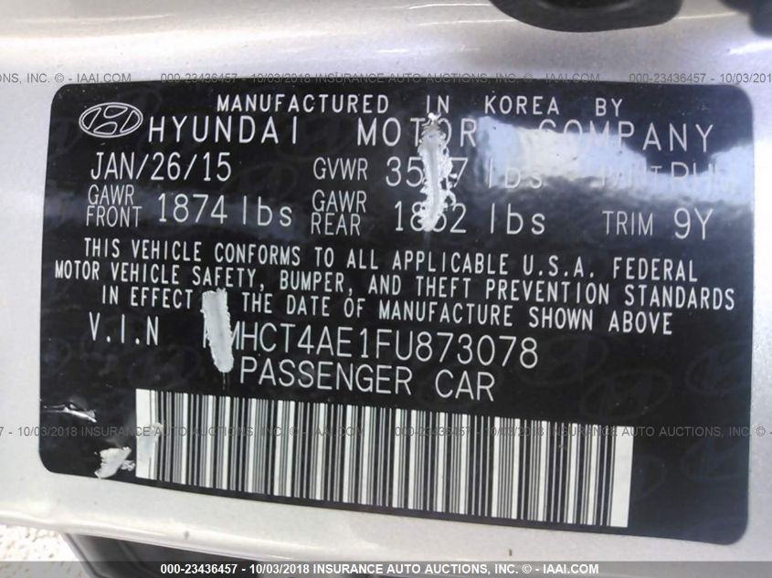 2015 HYUNDAI ACCENT GLS KMHCT4AE1FU873078