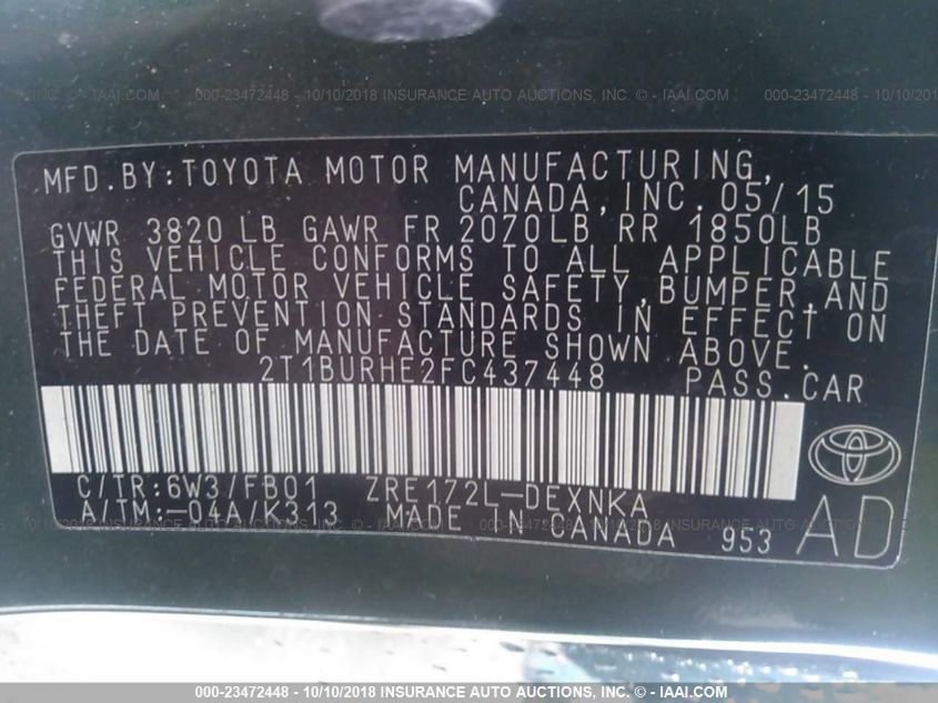 2015 TOYOTA COROLLA S PLUS/S PREMIUM/S/LE PLUS/LE PREMIUM/LE/L 2T1BURHE2FC437448