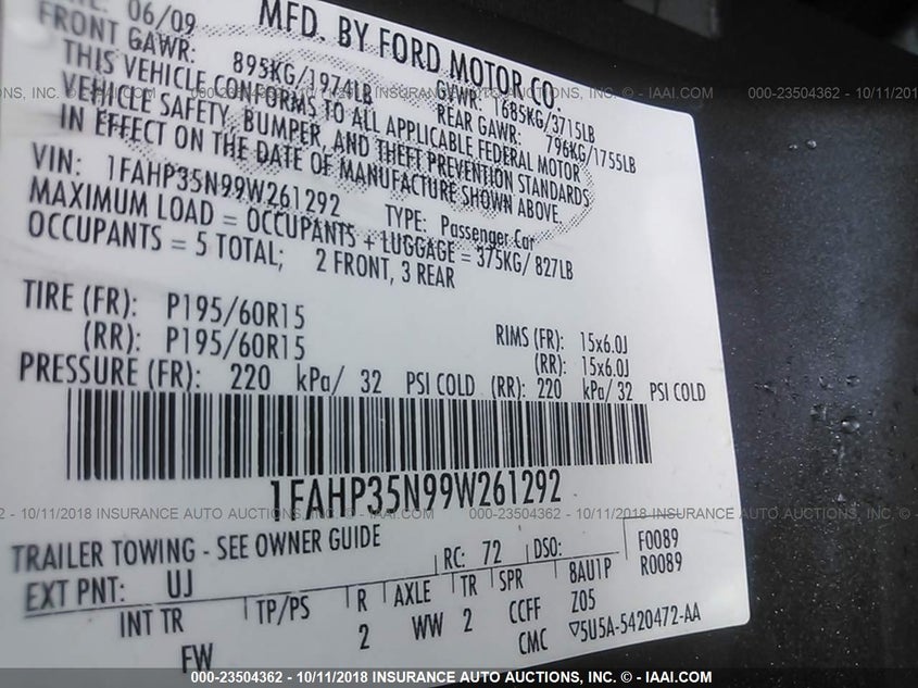 FORD FOCUS 2009 VIN 1FAHP35N99W261292