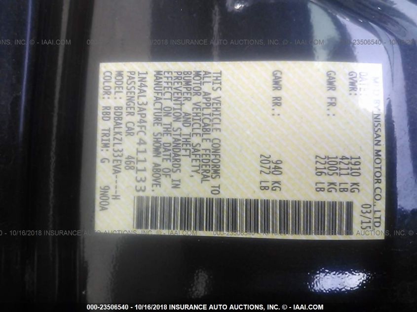 2015 NISSAN ALTIMA 2.5 SV 1N4AL3AP4FC411133