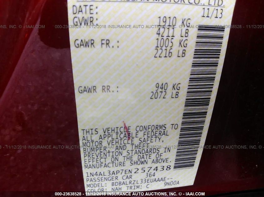 2014 NISSAN ALTIMA 2.5/S/SV/SL 1N4AL3AP7EN257438