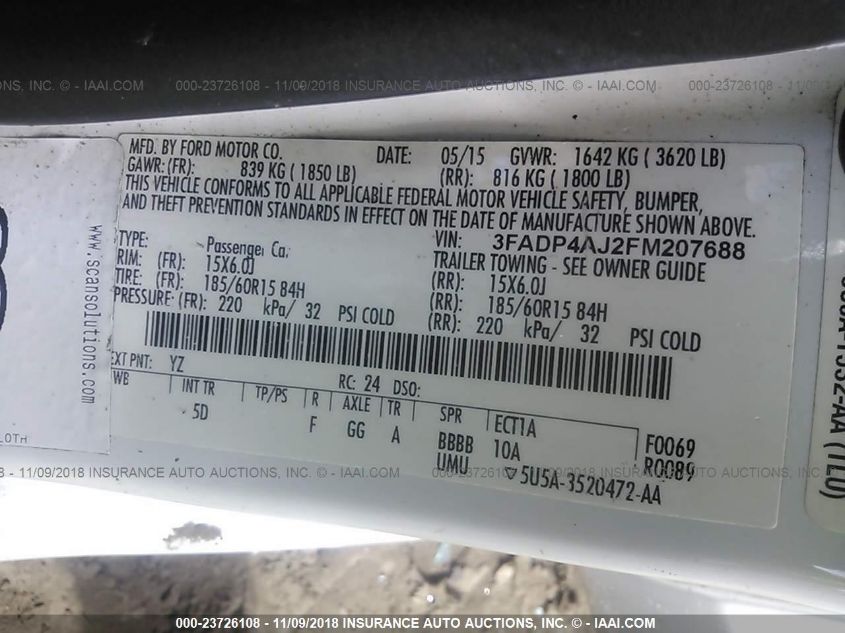 2015 FORD FIESTA S 3FADP4AJ2FM207688