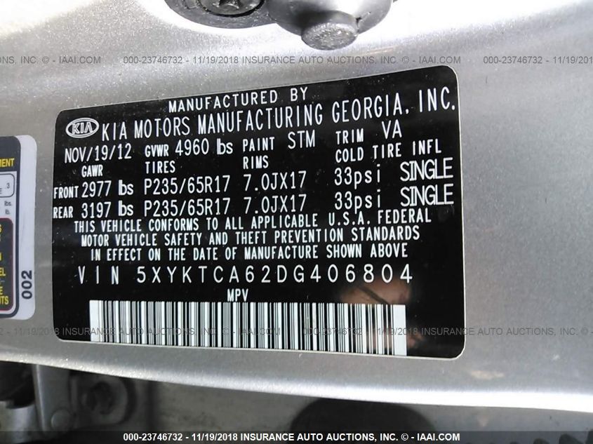 2013 KIA SORENTO LX 5XYKTCA62DG406804
