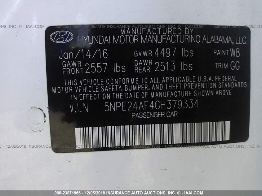 2016 HYUNDAI SONATA SE 5NPE24AF4GH379334