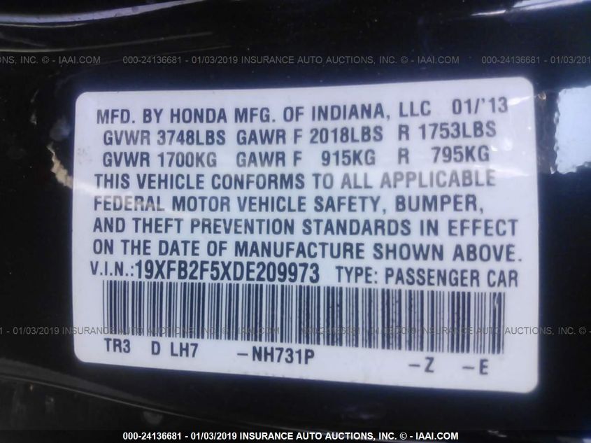 2013 HONDA CIVIC LX 19XFB2F5XDE209973