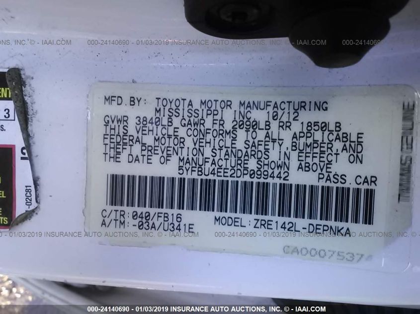 2013 TOYOTA COROLLA L/LE/S 5YFBU4EE2DP099442