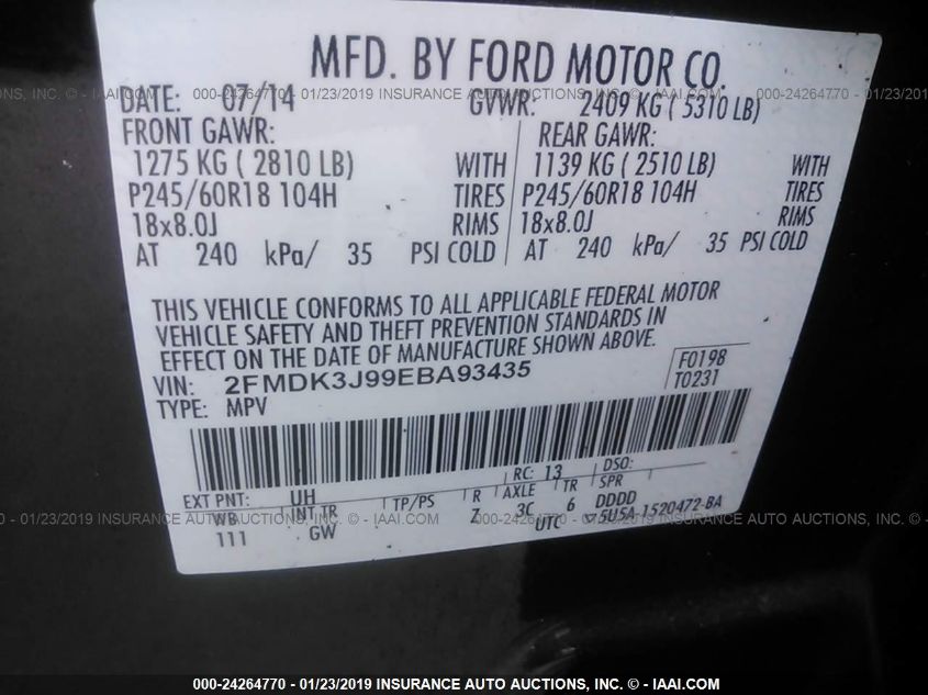 2014 FORD EDGE SEL 2FMDK3J99EBA93435