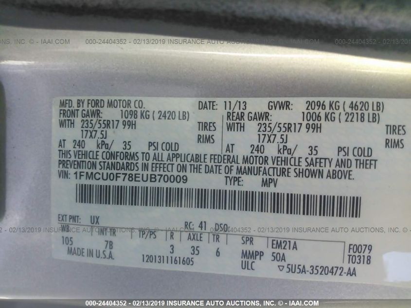 2014 FORD ESCAPE S 1FMCU0F78EUB70009