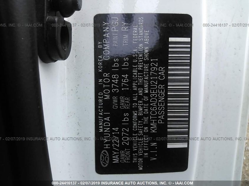 2014 HYUNDAI VELOSTER KMHTC6AD3EU217921