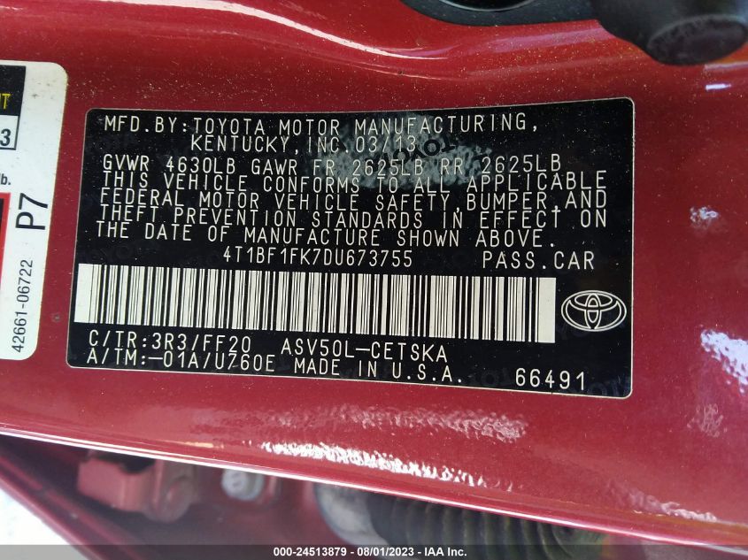 2013 TOYOTA CAMRY L/LE/SE/XLE 4T1BF1FK7DU673755