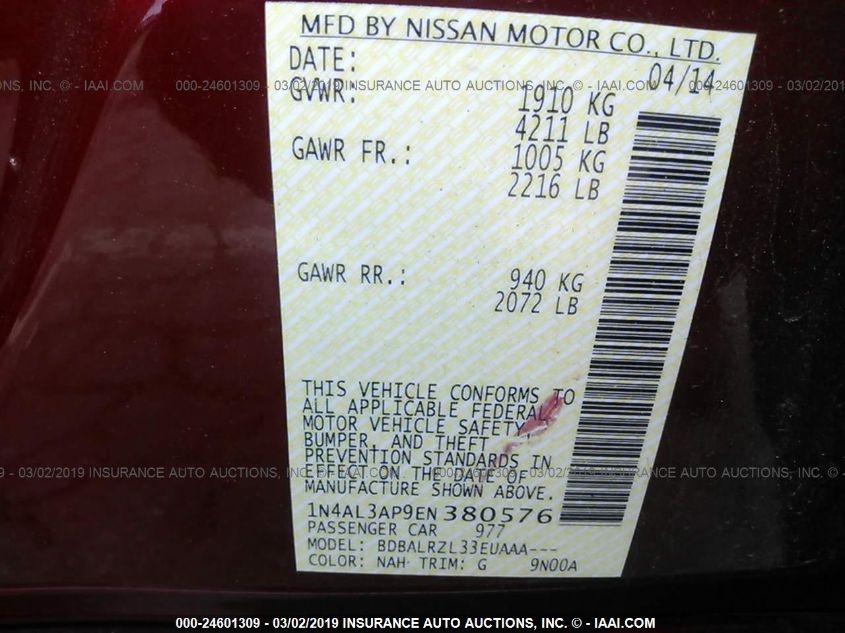 2014 NISSAN ALTIMA 2.5/S/SV/SL 1N4AL3AP9EN380576