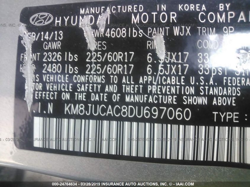 2013 HYUNDAI TUCSON GLS/LIMITED KM8JUCAC8DU697060