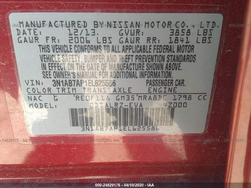 2014 NISSAN SENTRA S/SV/SR/SL 3N1AB7AP1EL625586
