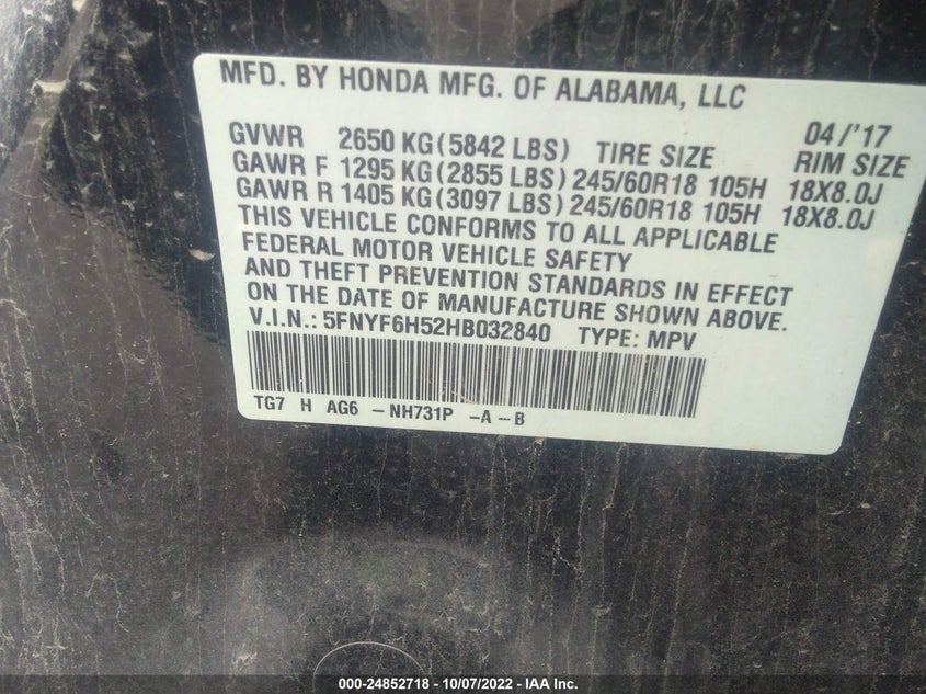 VIN 5FNYF6H52HB032840 2017 HONDA PILOT EX-L