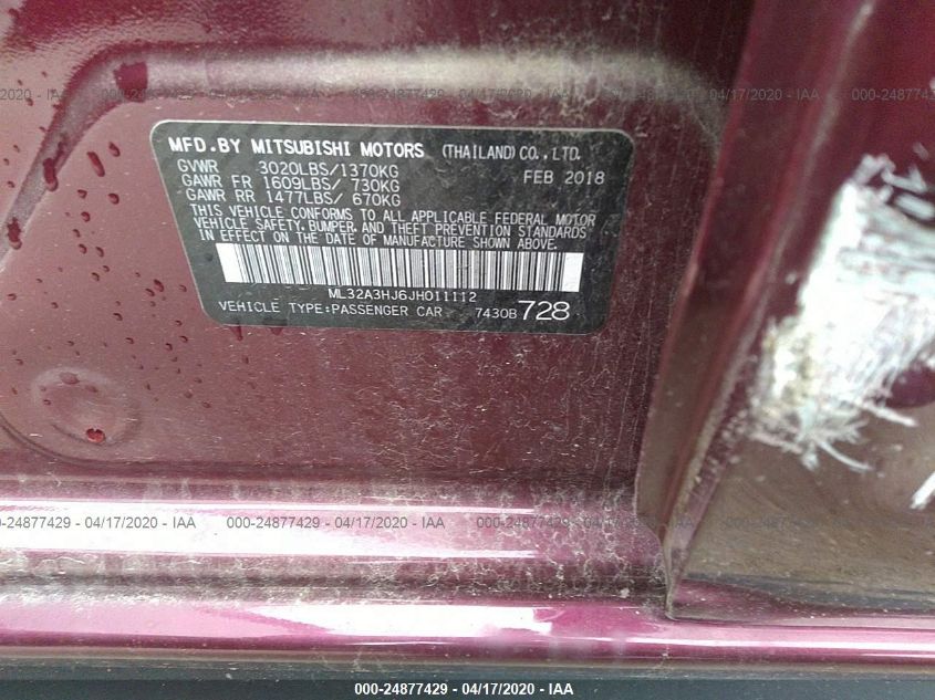 2018 MITSUBISHI MIRAGE ES ML32A3HJ6JH011112