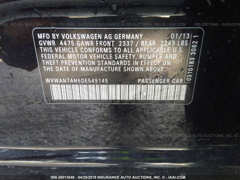 2013 VOLKSWAGEN CC SPORT WVWAN7AN5DE549145