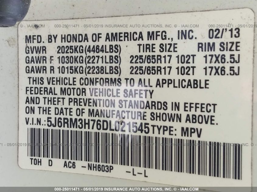 2013 HONDA CR-V EX-L 5J6RM3H76DL021545