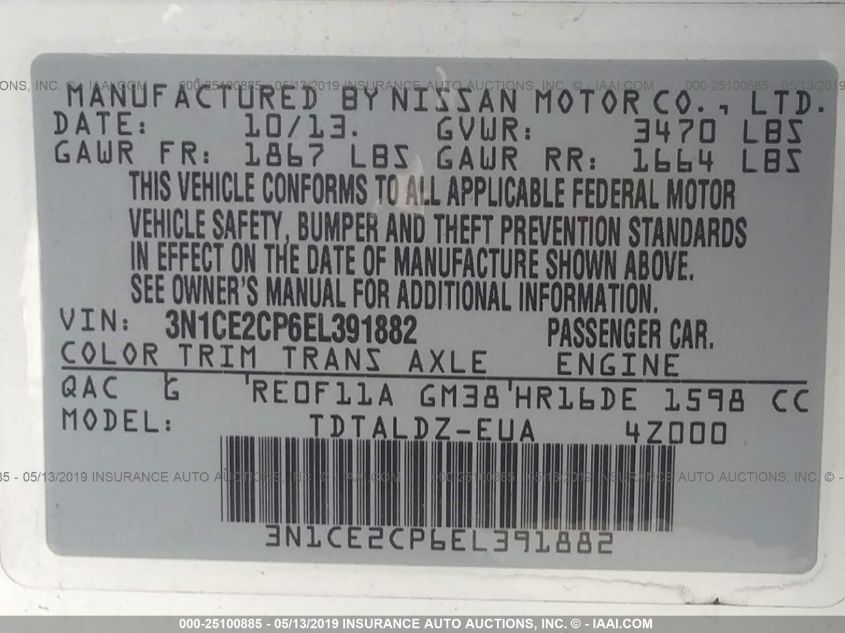 2014 NISSAN VERSA NOTE SV 3N1CE2CP6EL391882