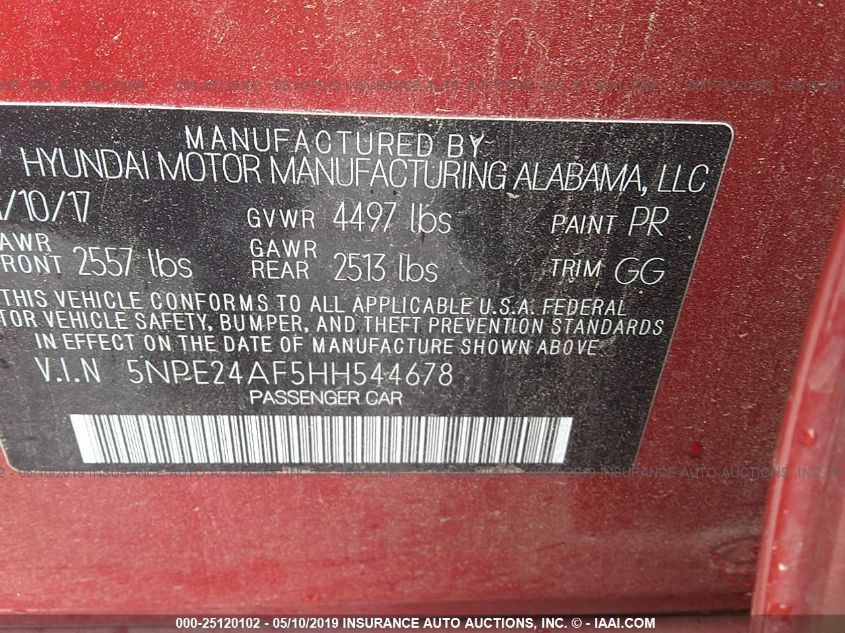 2017 HYUNDAI SONATA 2.4L 5NPE24AF5HH544678