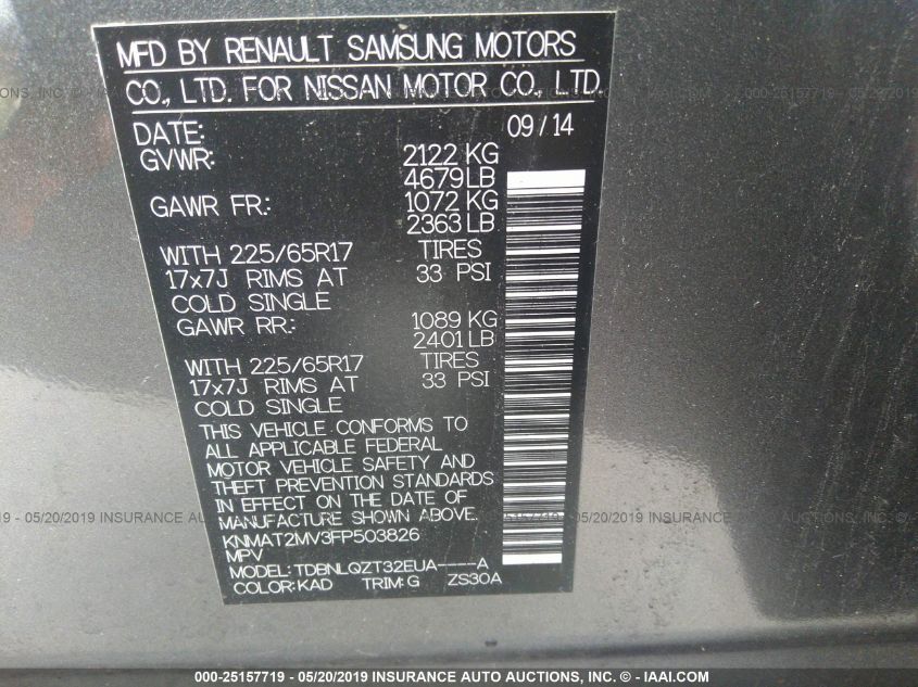 2015 NISSAN ROGUE SV KNMAT2MV3FP503826