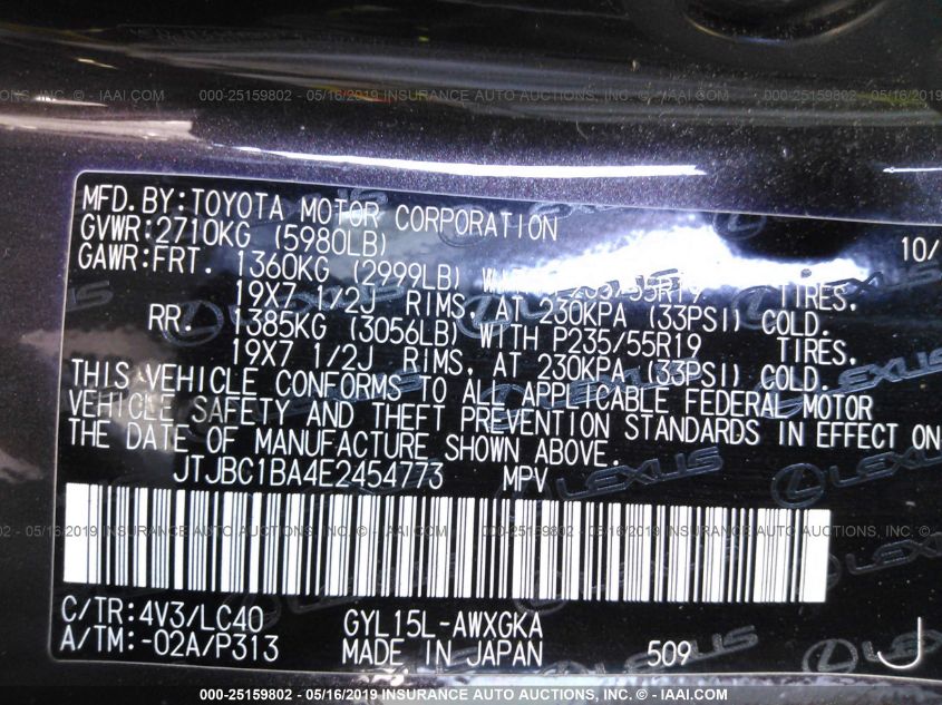2014 LEXUS RX 450H JTJBC1BA4E2454773