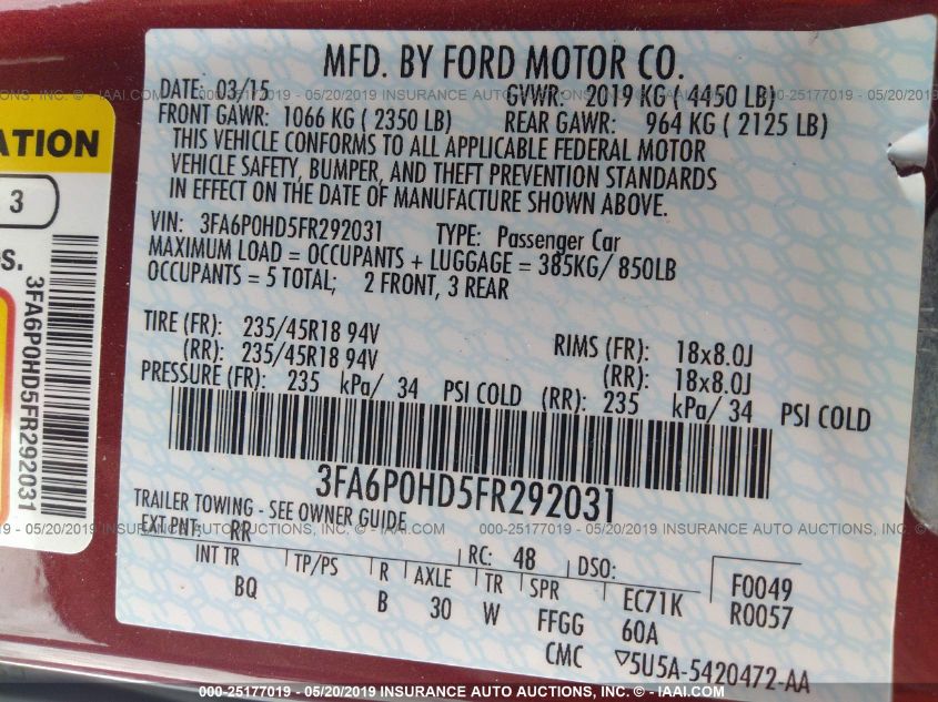 2015 FORD FUSION SE 3FA6P0HD5FR292031