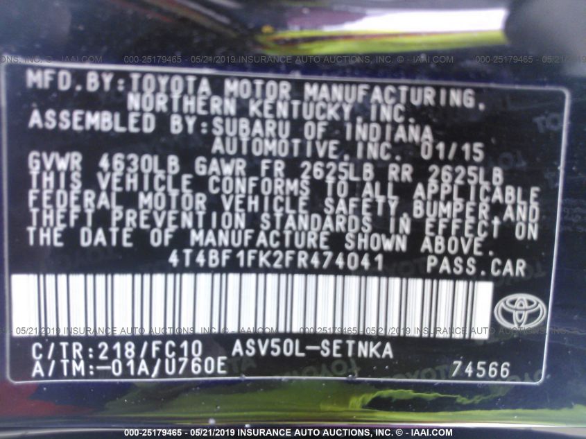 2015 TOYOTA CAMRY XLE/SE/LE/XSE 4T4BF1FK2FR474041