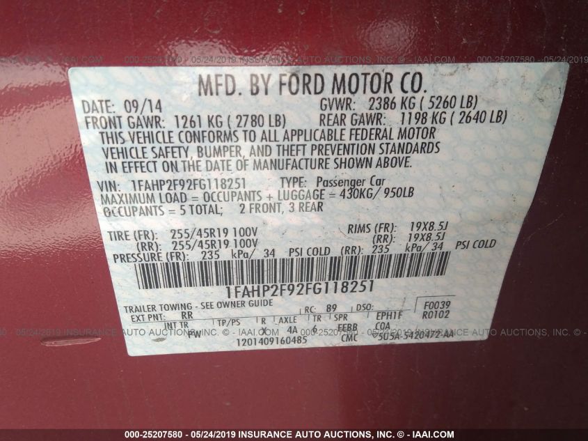 2015 FORD TAURUS LIMITED 1FAHP2F92FG118251
