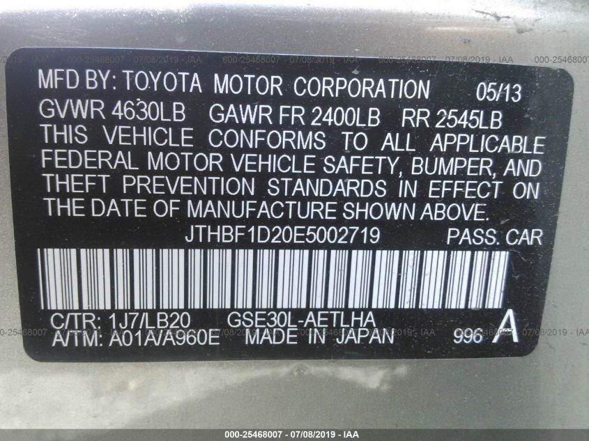 2014 LEXUS IS 250 JTHBF1D20E5002719
