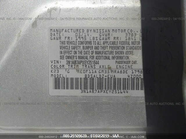 2014 NISSAN SENTRA S/SV/SR/SL 3N1AB7APXEY251644